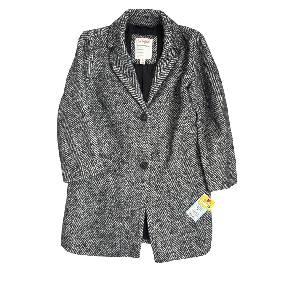 Cat & Jack Girls Faux Wool Herringbone Jacket Black Almond Cream Size M 8-10 NEW